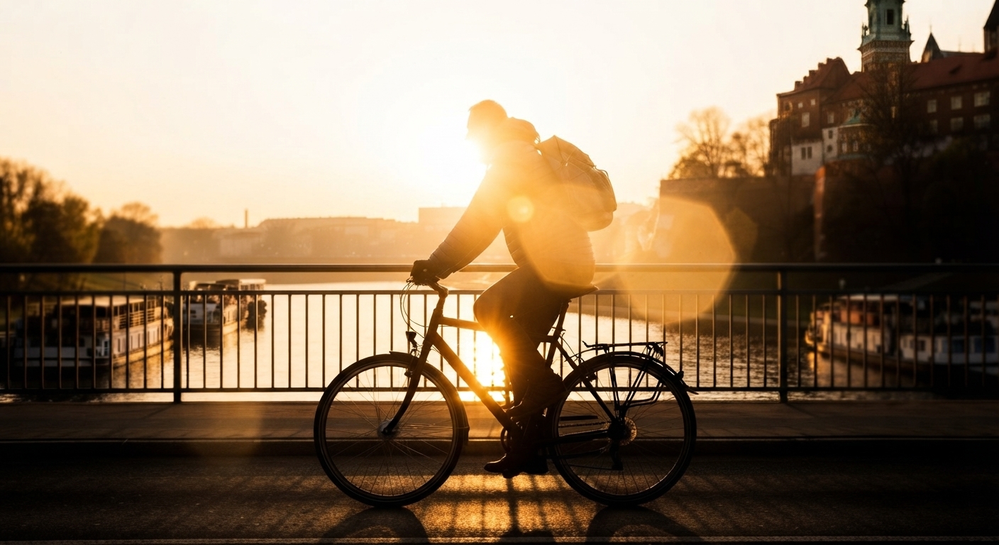 A cyclist riding across a bridge in Kraków, with Wawel Castle in the background