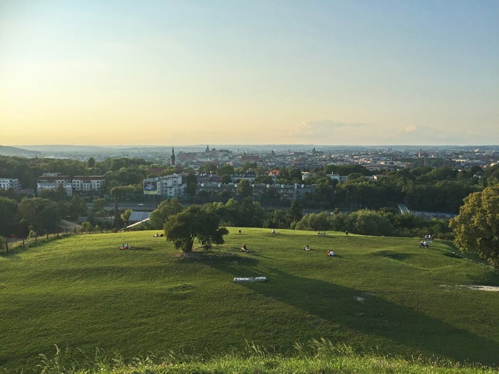View over Kraków from a mound at sunset