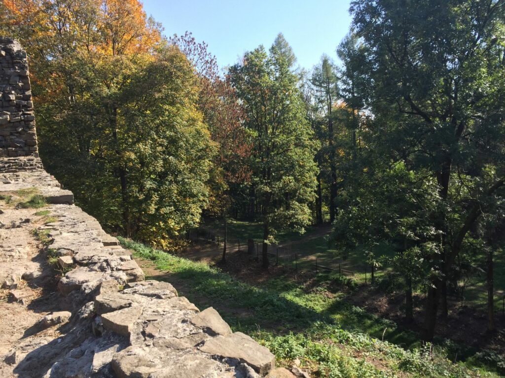 The castle wall in the autumn forest