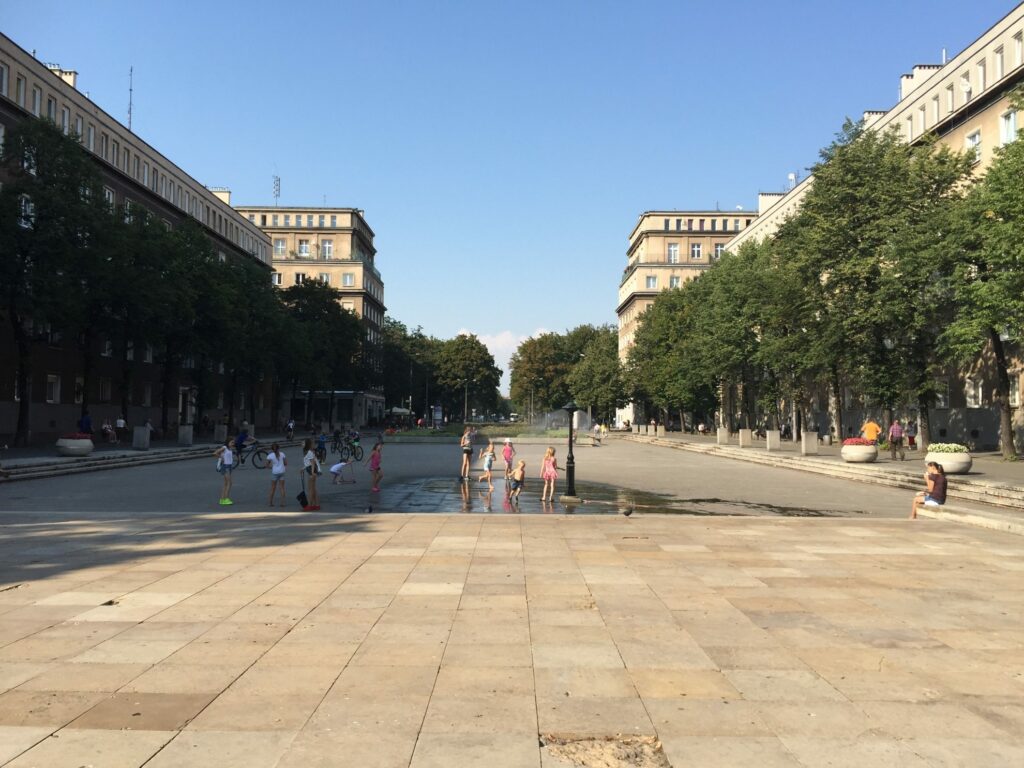 The wide open space of Central Square in Nowa Huta