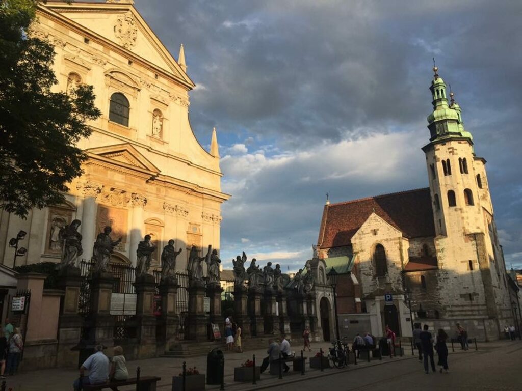 Baroque church façades on Grodzka Street in the evening light