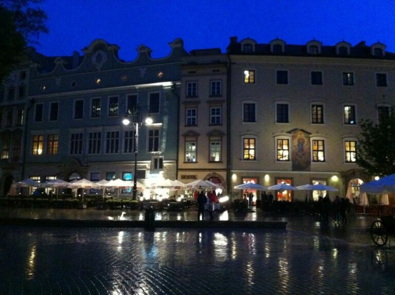 The Main Market Square at blue hour, reflected in the wet pavement